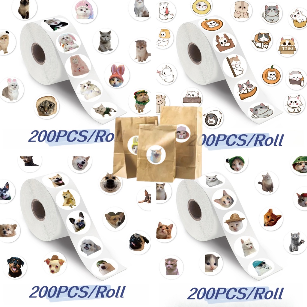 Lanlanstickersworld สติกเกอร์ซีล ลายแมว และสุนัขน่ารัก สําหรับติดตกแต่งหมวกกันน็อค 200 ชิ้น ต่อม้วน
