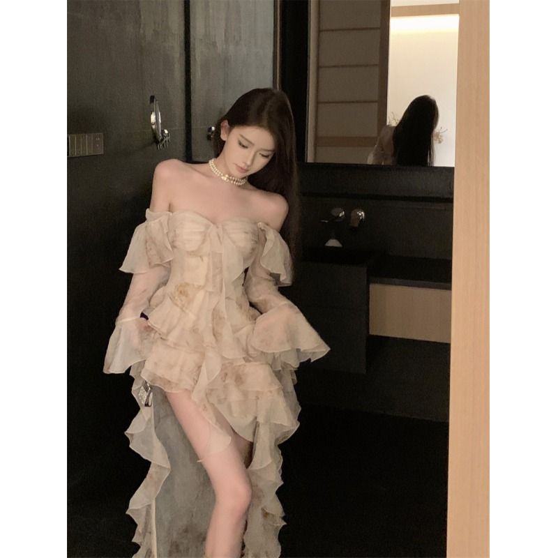 ผู้หญิง One-คอกระโปรงวโรแมนติก Textured ฤใบไม้ร่วงสไตล์ใหม่ 2025 Elegant  Ruffled Smudge 7ZGF