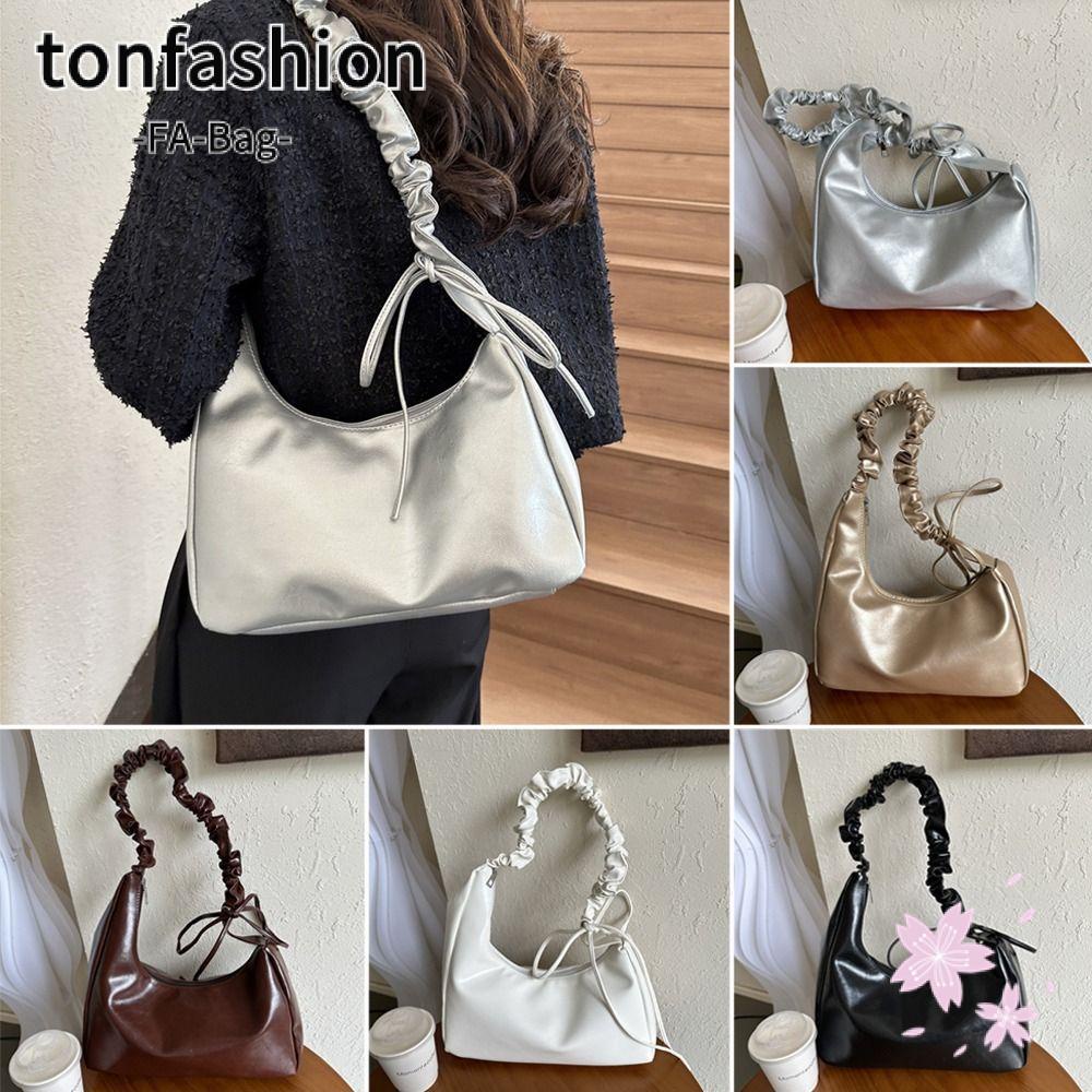 Tonfashion กระเป๋าสะพายไหล่ สะพายข้าง หนัง PU สีพื้น ความจุขนาดใหญ่ แบบพกพา สําหรับผู้หญิง