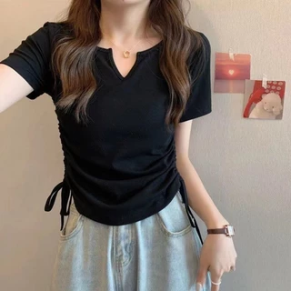 เสื้อยืดคอวีสั้นทรงสวย เสื้อยืดแขนสั้นงานเรียบๆ รูดข้างได้