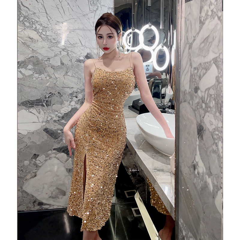 Zi3c คลังสินค้าพร้อม Golden Shiny Sparkling ชุดราตรีผู้หญิง 2025 สินค้าใหม่เซ็กซี่ Slim-fit เลื่อมหร