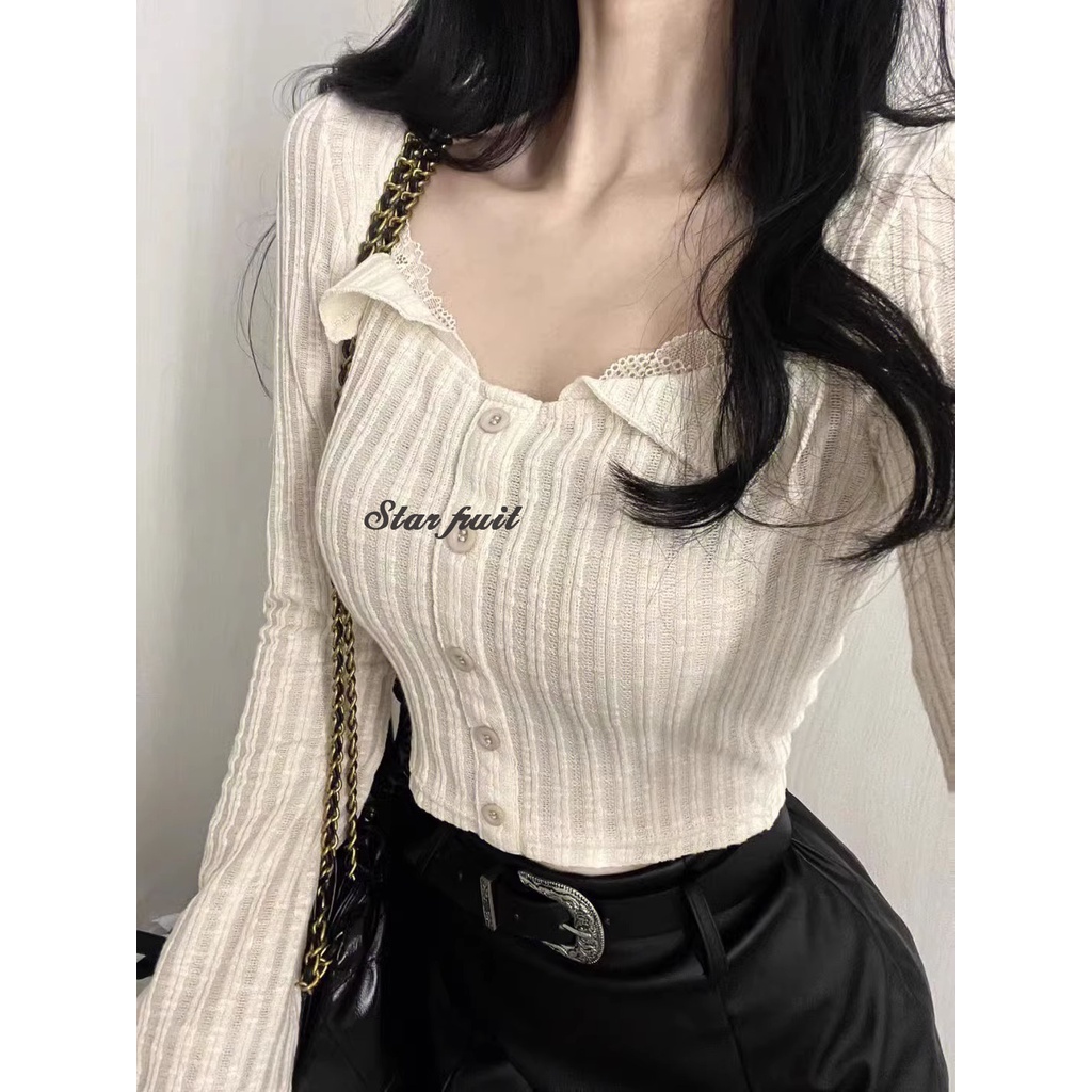 Tian-lianghaogeqiu เสื้อกันหนาว คอสี่เหลี่ยม แต่งลูกไม้ ลายทาง แฟชั่นฤดูใบไม้ผลิ และฤดูใบไม้ร่วง สไตล์ญี่ปุ่น 2023