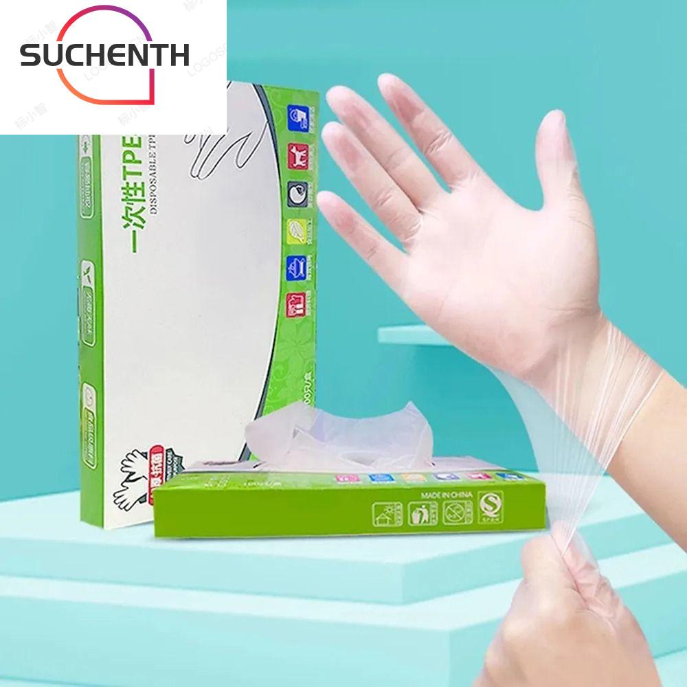 Suchenth ถุงมือยาง TPE แบบใช้แล้วทิ้ง เกรดอาหาร กันลื่น สีโปร่งใส สําหรับทําความสะอาด 100 ชิ้น