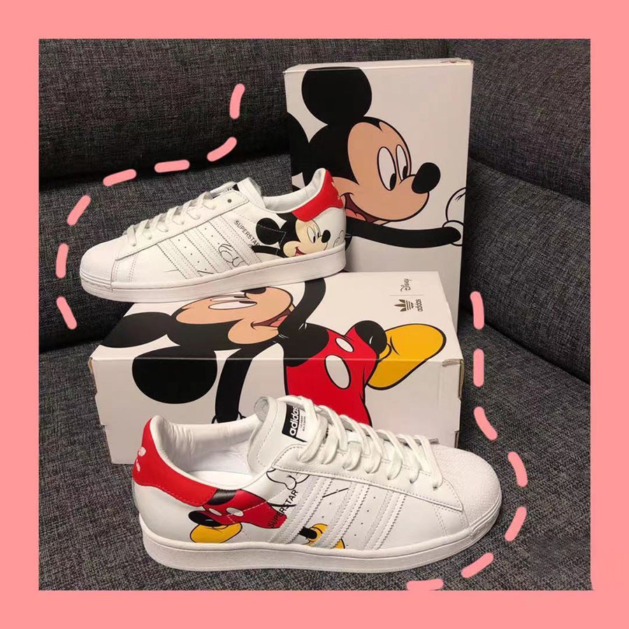 ลูกปัด Adidas Shell Head Star Mickey Mouse Joint รองเท้าผู้ชายและผู้หญิงสีขาวรองเท้าคู่คลาสสิก แฟชั
