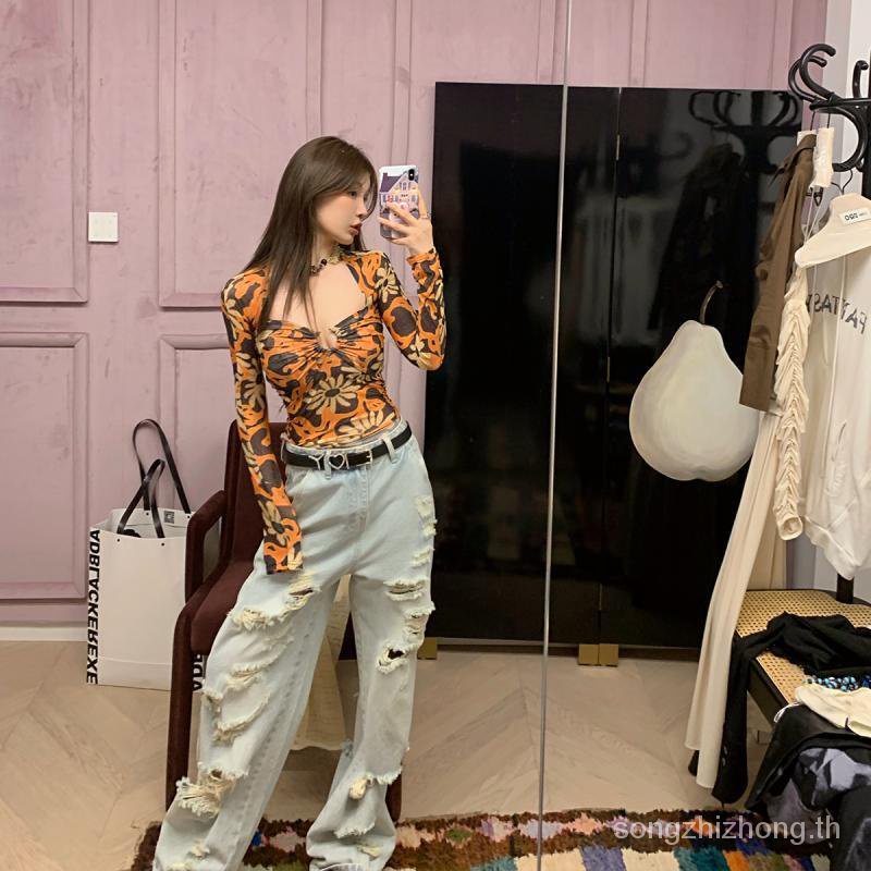 เสื้อยืดแขนยาว เข้ารูป พิมพ์ลายดอกทานตะวัน สไตล์อเมริกันเรโทร สําหรับผู้หญิง