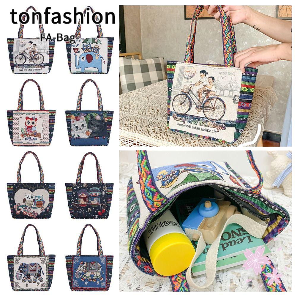 Tonfashion กระเป๋าถือ กระเป๋าสะพายไหล่ ผ้าแคนวาส ปักลายช้าง นกยูง กระต่าย สไตล์ชนเผ่า สําหรับผู้หญิง 1 ชิ้น