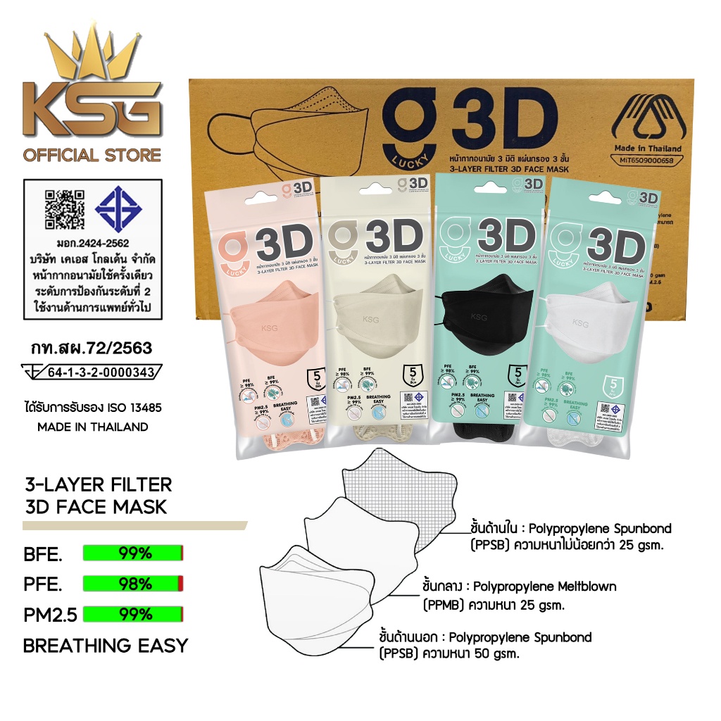 [KSG Official Genuine] หน้ากากอนามัย ทรง 3 มิติ หนา 3 ชั้น G LUCKY 3D Face Mask 3-Layer (ยกลัง บรรจุ 120 ซอง)