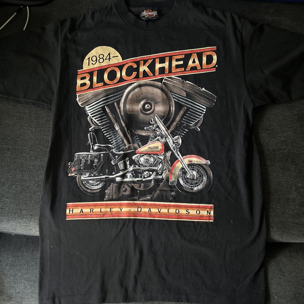 เสื้อยืดผ้าฝ้าย พิมพ์ลายรถจักรยานยนต์ Harley Davidson Blockhead 90s สไตล์วินเทจ สีดํา ขนาดกลาง 1984 4XL 5XL 6XL สําหรับผู้ชาย