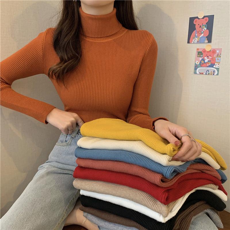 ใหม่ เสื้อแขนยาว คอสูง ผ้าถัก ทรงสลิมฟิต แฟชั่นฤดูใบไม้ร่วง ฤดูหนาว สําหรับผู้หญิง
