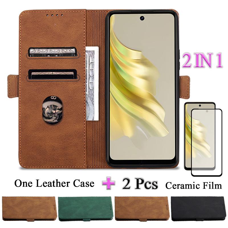 2 IN 1 สําหรับ Tecno Spark 20 Pro Kj6 สําหรับกระเป๋าสตางค์หนังหนังป้องกันฟิล์มโค้งเซรามิคฟิล์ม