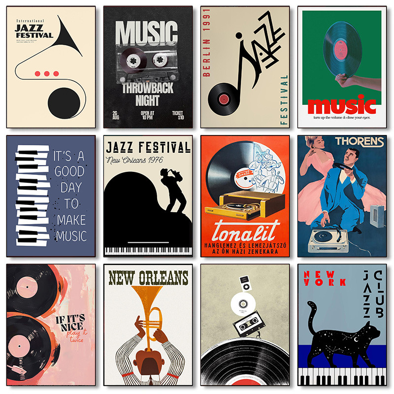 บทคัดย่อแจ๊สเทศกาลเครื่องบันทึกเพลงสัญลักษณ์ศิลปะแฟชั่นย้อนยุคโปสเตอร์ผ้าใบภาพจิตรกรรม