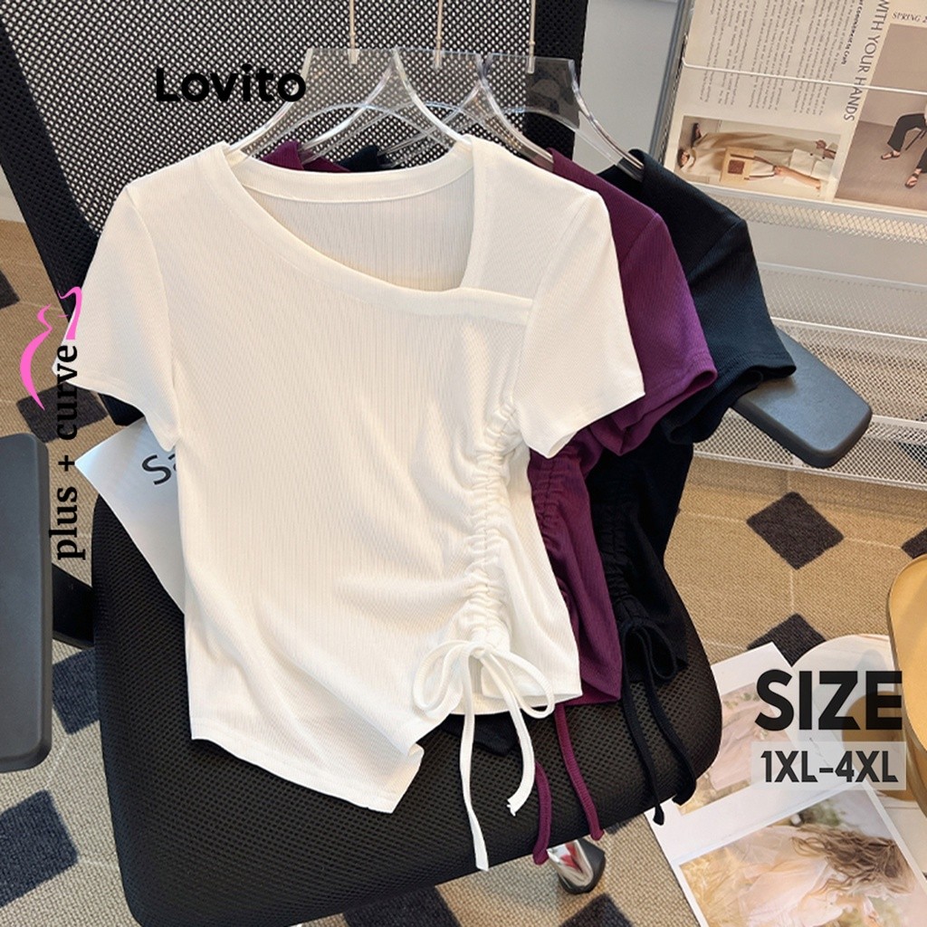Lovito เสื้อยืดผู้หญิง สไตล์ลำลอง สีพื้น ไม่สมมาตร LNE33104 (ขาว/ม่วง/ดำ)