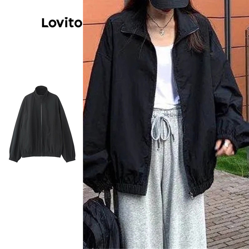 Lovito เสื้อแจ็คเก็ตกีฬาซิปธรรมดาหรูหราสำหรับผู้หญิง LNE74331