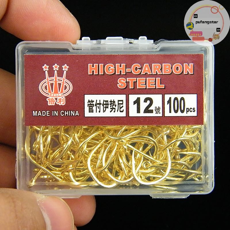 Pufangstar 100 ชิ้นกล่องสีทองแหวนหลอด Pay Iseini ตะขอ Barbed เหล็กคาร์บอนสูงตะขอตกปลาทะเล TH