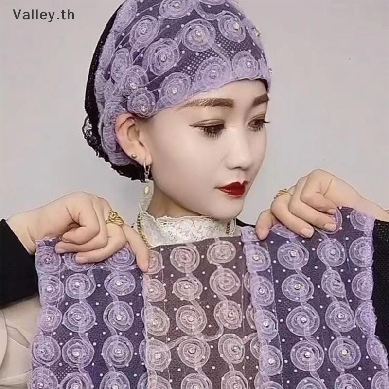 [Valley] เพชรที่สวยงามดอกไม้ผู้หญิงลูกไม้ Turban หมวกตาข่ายระบายอากาศฤดูร้อนมุสลิม Headwear หมวกหญิงทุกวัน Beanie ผม Wraps TH