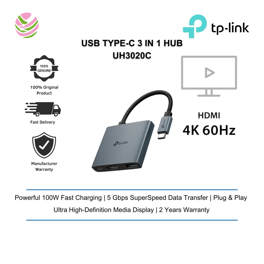 TP-Link UH3020C USB Type-C 3 in 1 Hub จอแสดงผลสื่อความละเอียดสูงพิเศษ