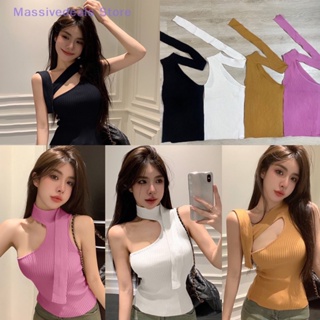 Massivedeals ฤดูร้อน ไหล่เฉียง เชือกแขวนคอ ถัก ยกทรง ผู้หญิง สีพื้น เก๋ แขนกุด บาง ด้านบน ใหม่