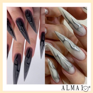 Alma เล็บปลอมแฟชั่น สีเงิน สีดํา ถอดออกได้ สไตล์ฝรั่งเศส DIY