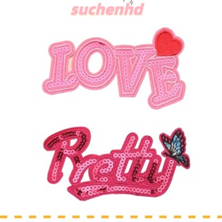 Suchenhd แผ่นแพทช์ ปักเลื่อม ลายตัวอักษรภาษาอังกฤษ "LOVE" 5.5x3 นิ้ว สีแดงกุหลาบ สําหรับกระเป๋า DIY 10 ชิ้น