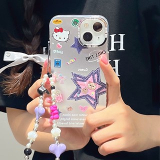 เคสโทรศัพท์มือถือ แบบนิ่ม ลาย Hello Kitty ชุบไฟฟ้า พร้อมสายคล้องมือ สําหรับ iPhone 12 13 14 15 Pro Max 11