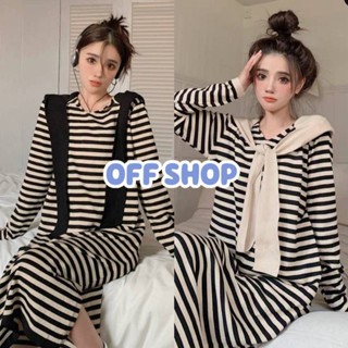 OFF SHOP พร้อมส่ง (OFF-55035) ชุดเดรสไหมพรม ดีเทลสายผูกคอ แขนยาว -C