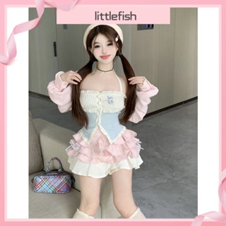 [Littlefish] ชุดเสื้อคาร์ดิแกนแขนยาว คอผูกเชือก และกระโปรง ขนาดใหญ่ หรูหรา แฟชั่นฤดูใบไม้ร่วง สําหรับเด็กผู้หญิง และผู้ชาย สามชิ้น