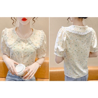 ดีไซน์แต่งลูกไม้ เสื้อผ้าผู้หญิงคอตุ๊กตาสีเขียวหวาน เสื้อเชิ…