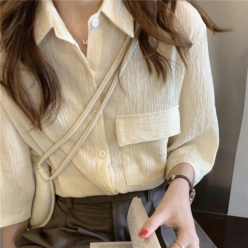 mimi&didi#เสื้อเชิ้ต เสื้อวินเทจ ทรงหลวม แขนสามส่วนผู้หญิง สไตล์เกาหลี แต่งกระเป๋าด้านหน้า สวมใส่สบาย#W232 - รูปที่ 3