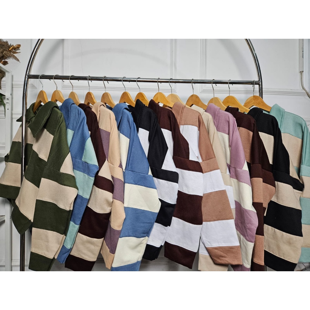 COD - Kiyowo Womens Crop Sweater Strip Rugby Fleece Collar - เสื้อผ้าผู้หญิง