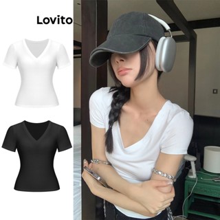 Lovito เสื้อยืดลําลอง เรียบง่าย สําหรับผู้หญิง L61AD037 (สีขาว/ดํา)