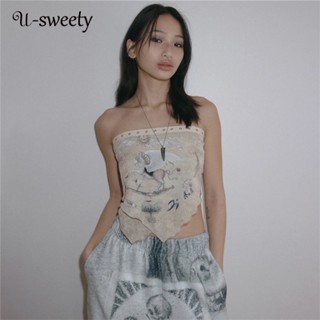 U-sweety เสื้อกล้าม เปิดไหล่ พิมพ์ลาย เซ็กซี่ สีตัดกัน เข้ากับทุกการแต่งกาย แฟชั่นสําหรับผู้หญิง 2023