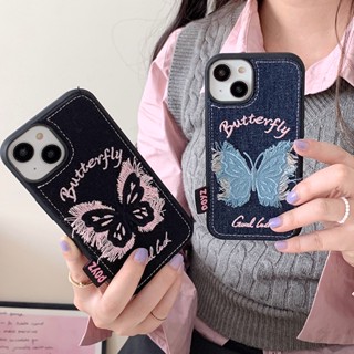 เคสโทรศัพท์มือถือ ซิลิโคน ผ้ายีน ปักลายผีเสื้อ สไตล์เกาหลี แฟชั่นฤดูใบไม้ร่วง ฤดูหนาว สําหรับ Apple Iphone 11 12 13 14 15PROMAX 14ProMax 13 12ProMax 15Pro 11