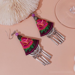 0919SDY Flower Ear Hanging Long Fan Design Eardrop Jewelry Women Yunnan National Style Handmade Embroidery Unique Vintage Earrings LOIK
