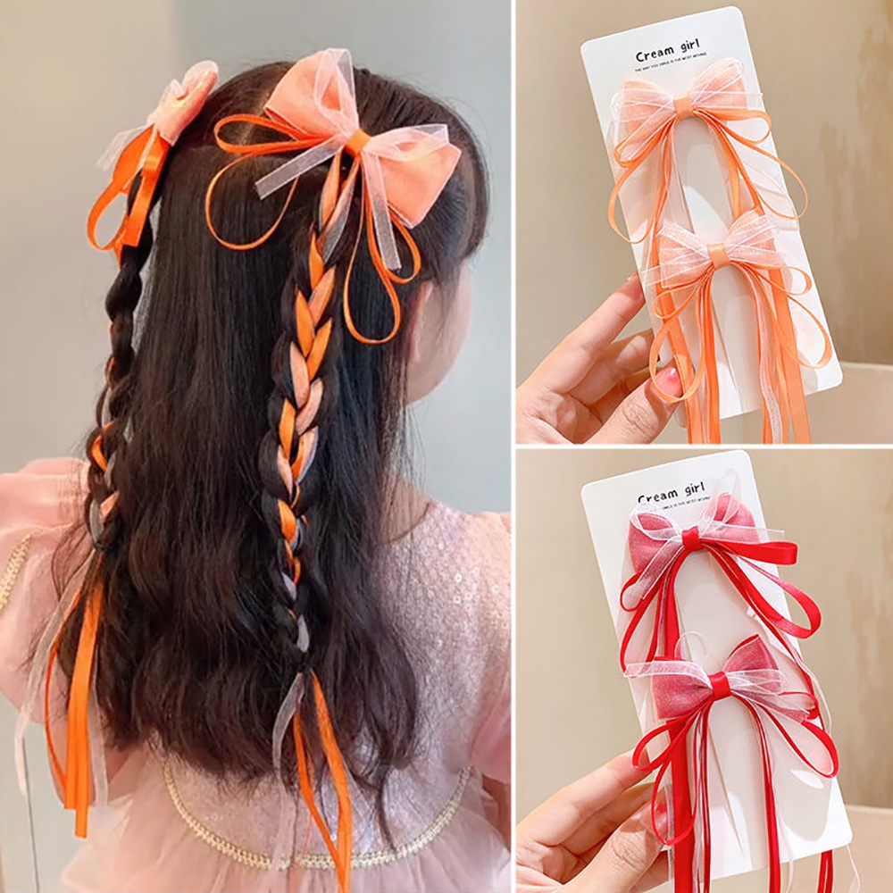 กิ๊บติดผมริบบิ้น ประดับโบว์ แต่งพู่ สไตล์โบราณ สีสันสดใส สําหรับเด็กผู้หญิง จํานวน 2 ชิ้น