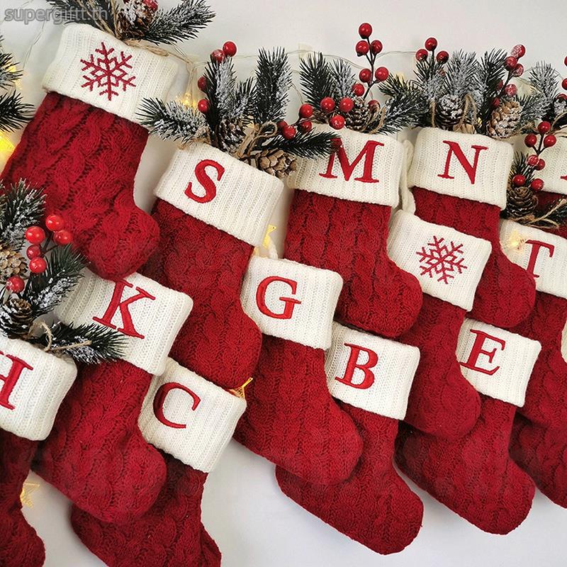 ถุงเท้าถัก ลายตัวอักษร เกล็ดหิมะ สีแดง สําหรับตกแต่งบ้าน ต้นคริสต์มาส ปีใหม่ 2024