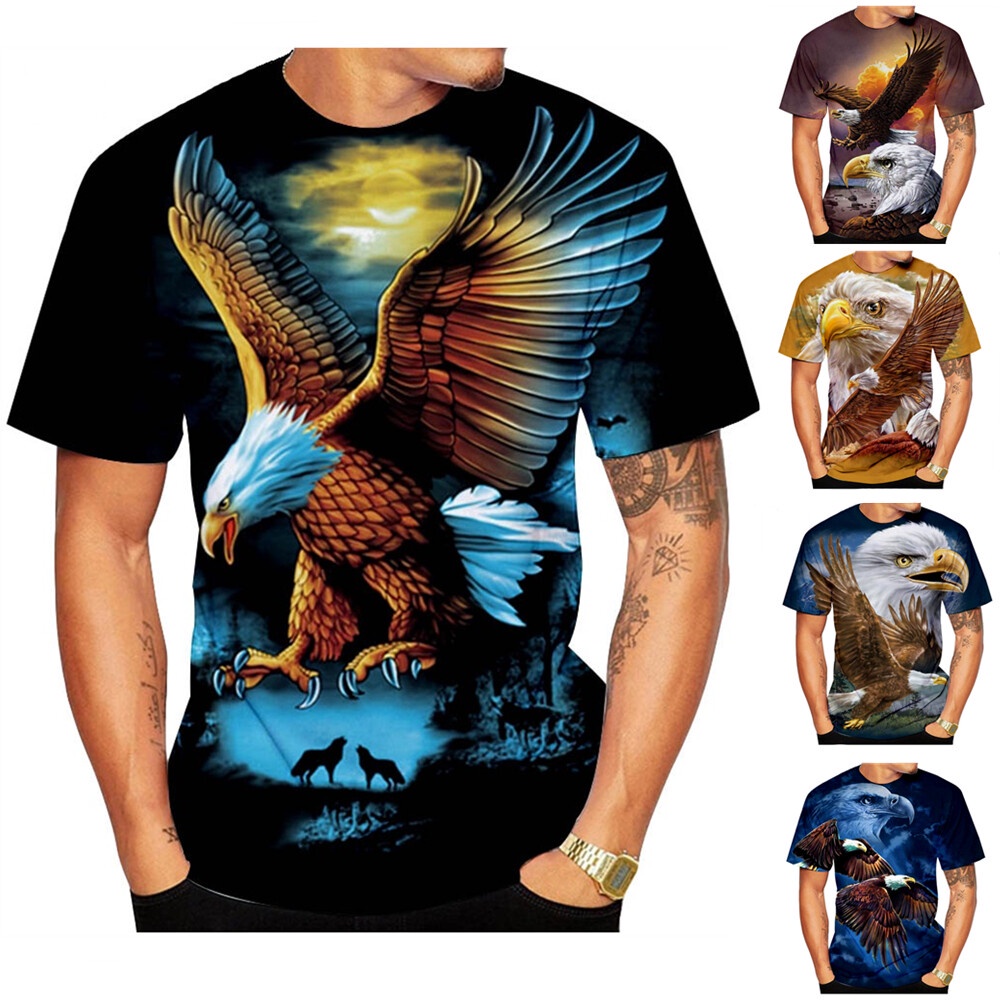 ผู้ชาย 3D Soarring Eagle พิมพ์ T เสื้อ O คอแขนสั้นสัตว์ตลกพิมพ์ Streetwear