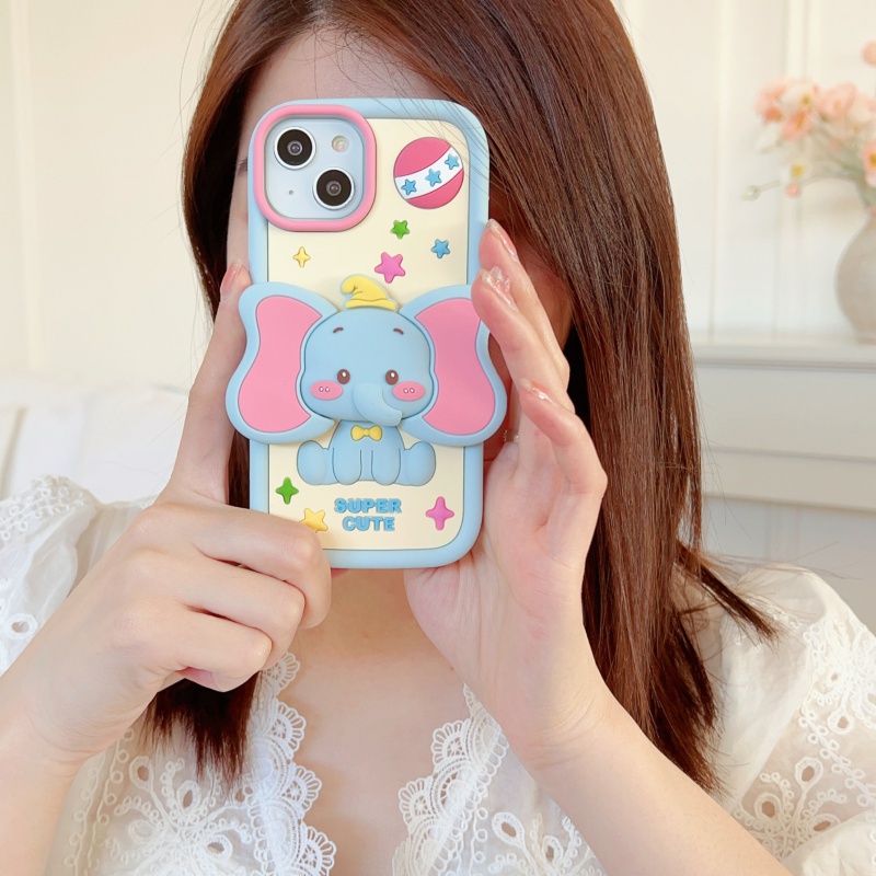 เคสโทรศัพท์มือถือ ซิลิโคน ลายการ์ตูนช้าง 3D พร้อมขาตั้ง สําหรับ iPhone 11 12 13 14 15 12Pro 13Pro 14Pro 15Pro 12promax 13promax 14promax 15promax 11