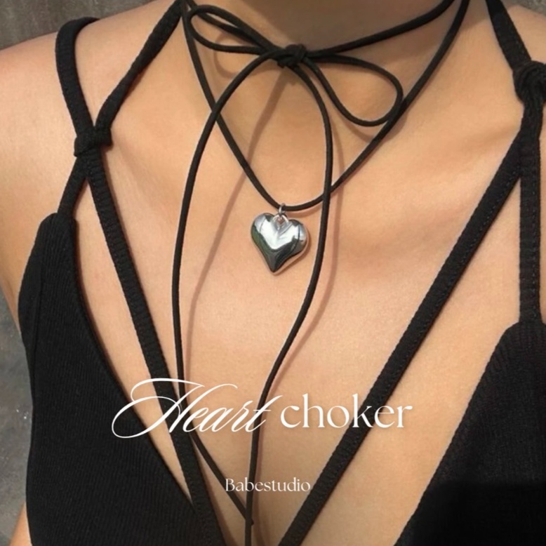 Heart Y2k choker long necklace โชคเกอร์ หัวใจ สร้อยคอเเบบผูก H44
