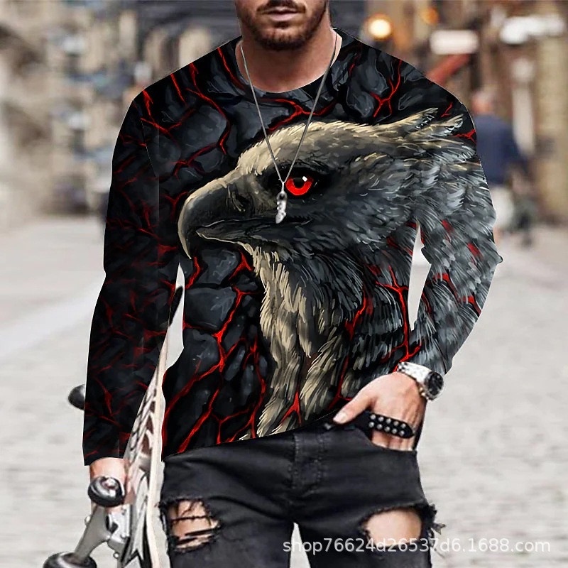 แฟชั่น 3D Eagle รูปแบบชายเสื้อยืดแขนยาว Tie-D สัตว์ 3D พิมพ์ Street Tops ลําลองหลวม O-คอ Plus ขนาด T