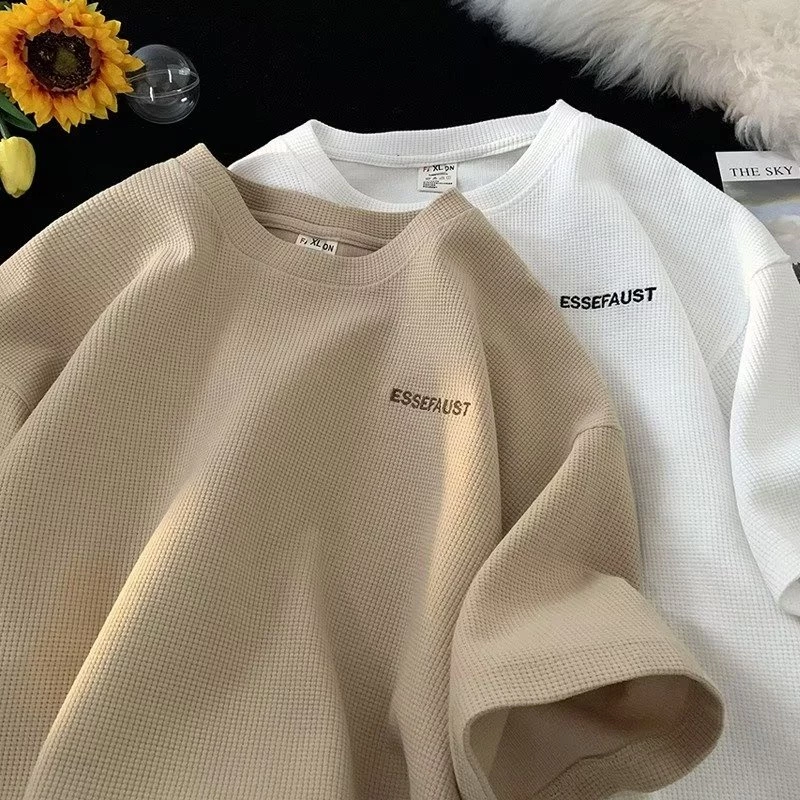 เสื้อยืดแขนสั้นลําลอง แบบครึ่งแขน ทรงหลวม ลายวาฟเฟิล เหมาะกับฤดูร้อน สไตล์สตรีท สําหรับผู้ชาย