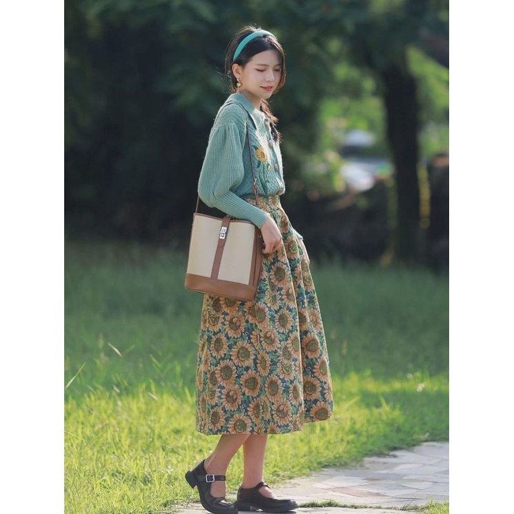 WOMEN'S เสื้อคาร์ดิแกนกันหนาว ผ้าถัก เอวสูง ทรงสลิม ลายดอกทานตะวัน แฟชั่นฤดูใบไม้ร่วง และฤดูหนาว สําหรับผู้หญิง