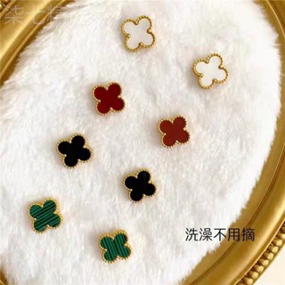 ต่างหูเหล็กไทเทเนียม ทอง 18k รูปใบหญ้าสี่แฉก เรียบง่าย สไตล์…