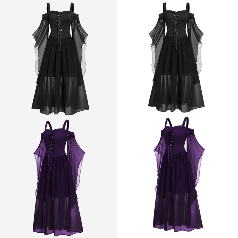 EDB* Festive Vintage Black Witch Dress คอสเพลย์ Club Party เครื่องแต่งกายสําหรับผู้หญิงสาว