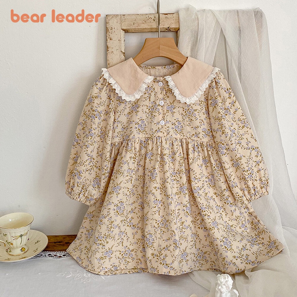 Bear Leader Spring Autumn Flower Dresses Baby Girls Clothing Lace Turn-down Floral Girl Princess Dress 3-7 Years Kids Casual Clothes