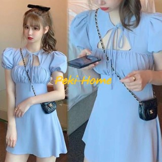 พร้อมส่ง เดรสมินิมอลเเฟชั่นสไตล์เกาหลีสีน้ำเงินน่ารักมาก