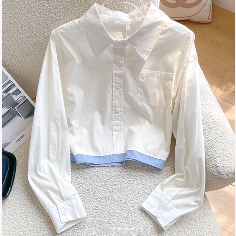 Bh เสื้อเชิ้ตแขนยาว คอปกโปโล สีตัดกัน สไตล์เกาหลี สําหรับผู้หญิง