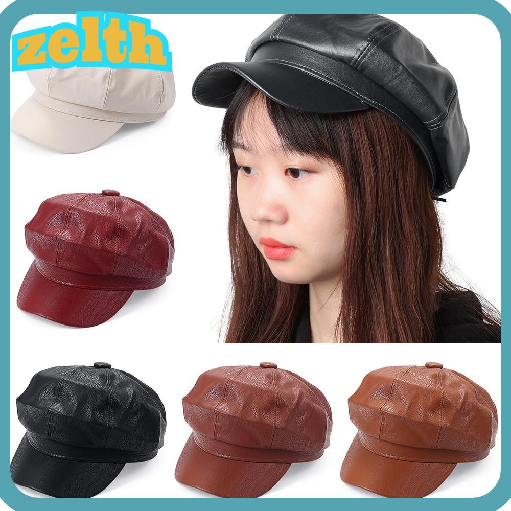 Zelth หมวกเบเร่ต์ลําลอง หนัง PU ทรงแปดเหลี่ยม สีพื้น