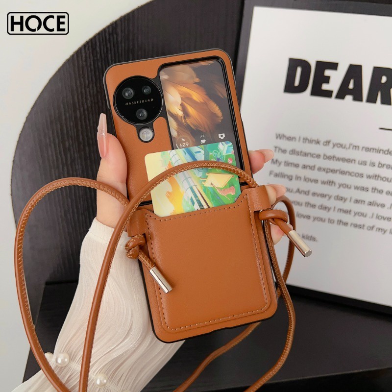 Hoce N3flip เคสโทรศัพท์มือถือหนัง PU แข็ง ฝาพับ พร้อมช่องใส่บัตร และสายคล้อง กันกระแทก สําหรับ OPPO Find N2 N3 Flip 5G