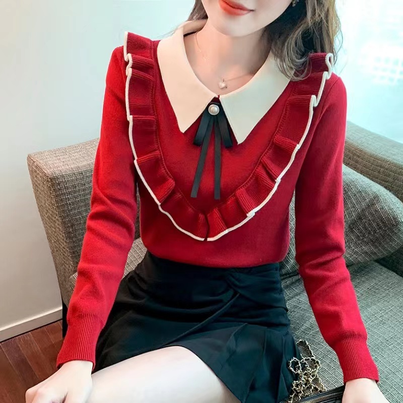 Xiao เสื้อคอตุ๊กตาถัก พลัสไซซ์ สไตล์ตะวันตก ลุคฤดูใบไม้ร่วง/ฤดูหนาว สำหรับผู้หญิง