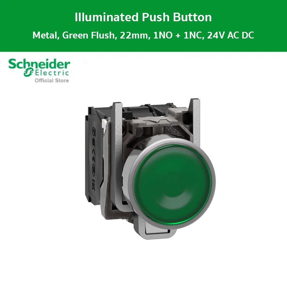 Schneider  - XB4BW33B5 - สวิตช์ปุ่มกดมีไพล็อทแลมป์ แบบ LED หัวเรียบ - กดเด้ง Ø 22 มม. สีเขียว 1 NO +